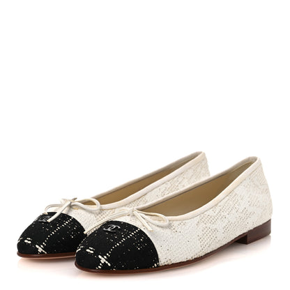 Chanel Tweed Cap Toe Ballet Flats 37 White Black 4 of 13
