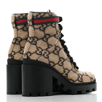 Gucci Covered Wool GG Monogram Womens Lace Up Combat Ankle Boots 38 Beige Ebony Black 4 of 7