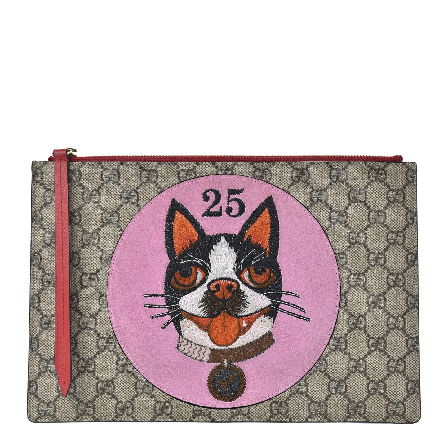 GG Supreme Monogram Bosco Patch Zip Pouch Beige Malva Hibiscus Red