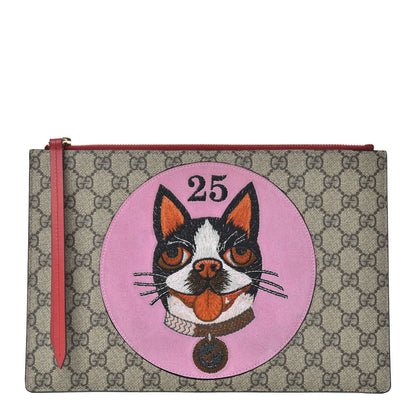 Gucci GG Supreme Monogram Bosco Patch Zip Pouch Beige Malva Hibiscus Red 1 of 11