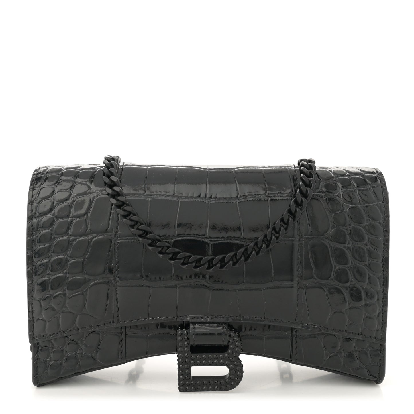 Shiny Calfskin Strass Monochrome Crocodile Embossed Hourglass Chain Bag Black