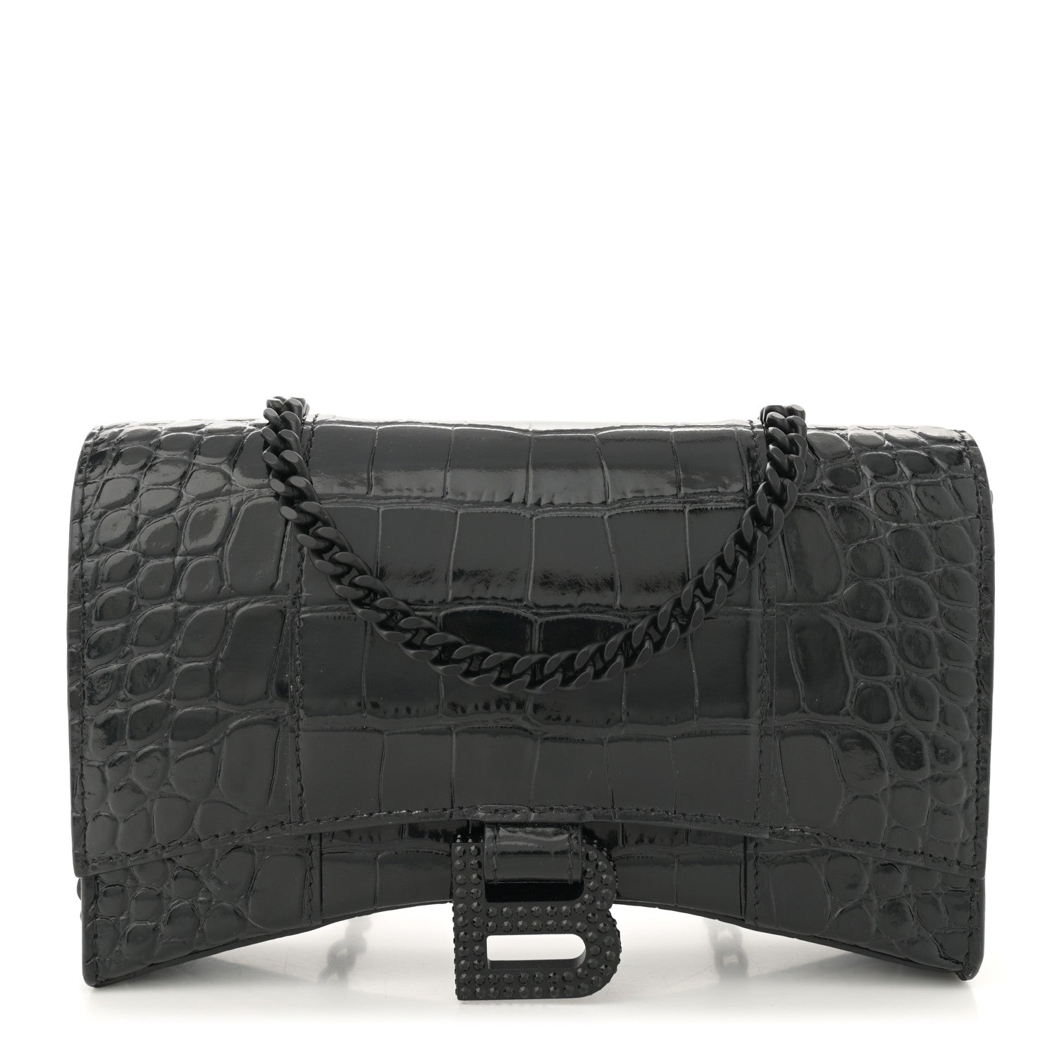 Balenciaga Shiny Calfskin Strass Monochrome Crocodile Embossed Hourglass Chain Bag Black 1 of 9