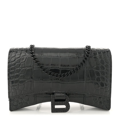 Balenciaga Shiny Calfskin Strass Monochrome Crocodile Embossed Hourglass Chain Bag Black 1 of 9