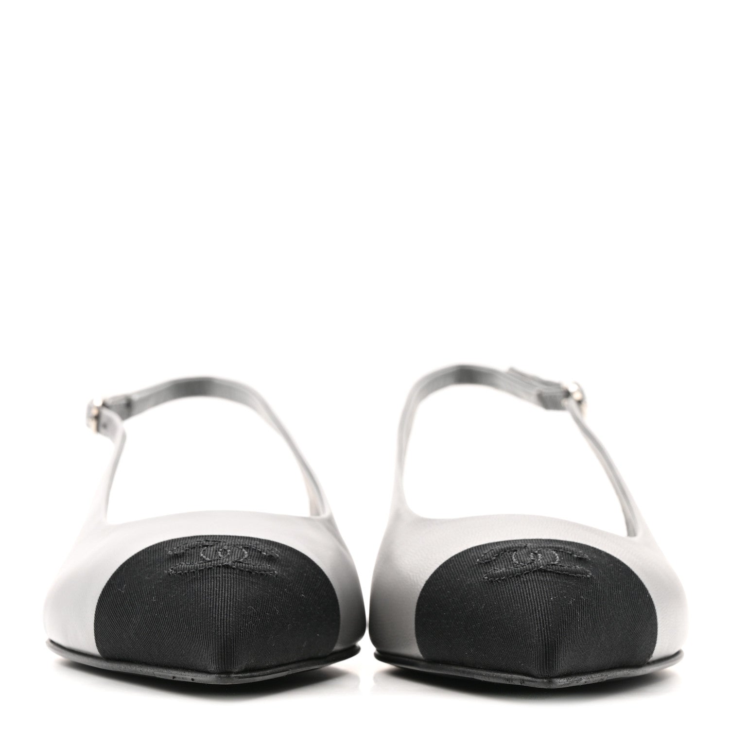 Chanel Goatskin Grosgrain Pointed Toe CC Slingback Flats 36.5 Gray Black 3 of 12