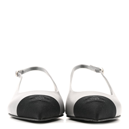Chanel Goatskin Grosgrain Pointed Toe CC Slingback Flats 36.5 Gray Black 3 of 12