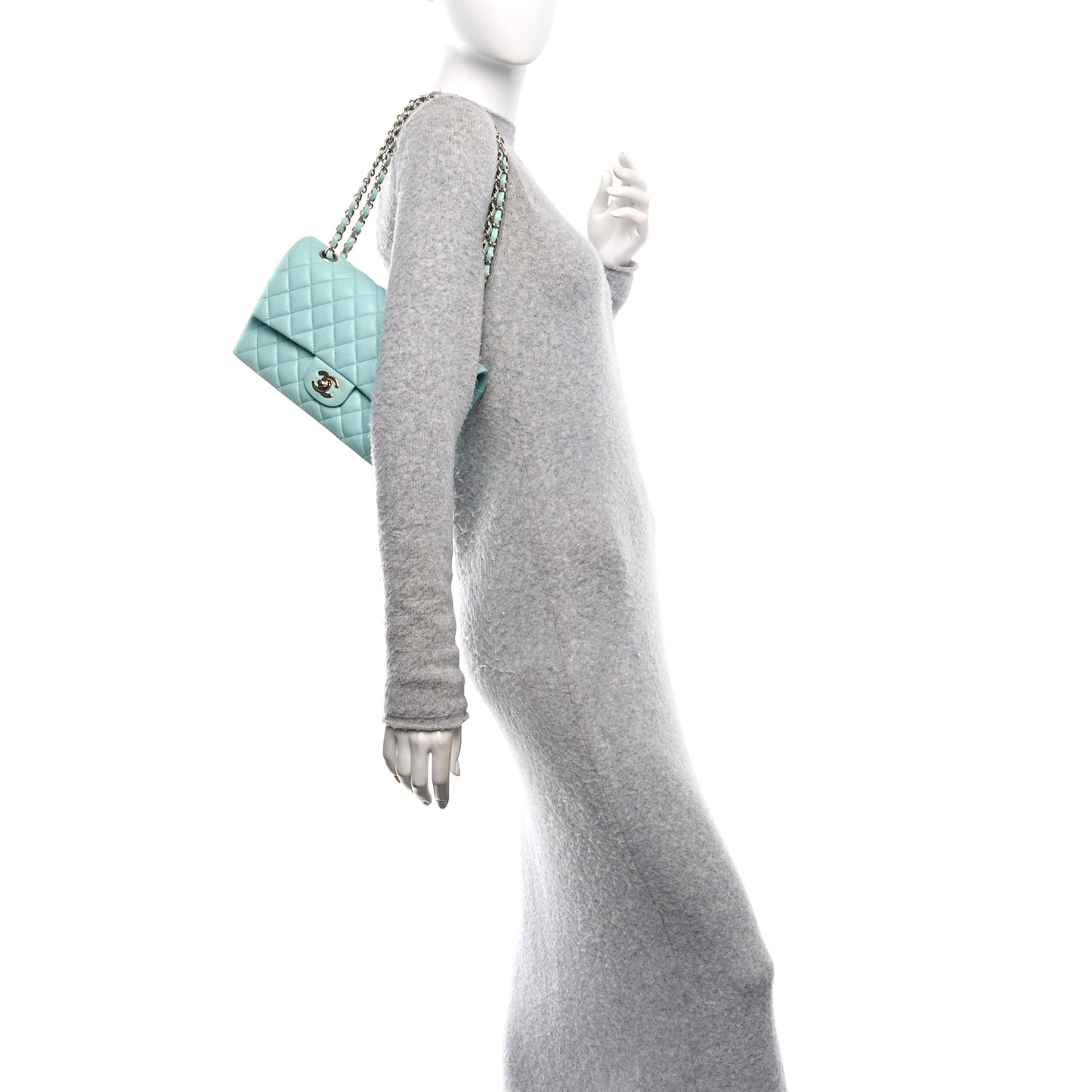 Caviar Quilted Medium Double Flap Light Blue