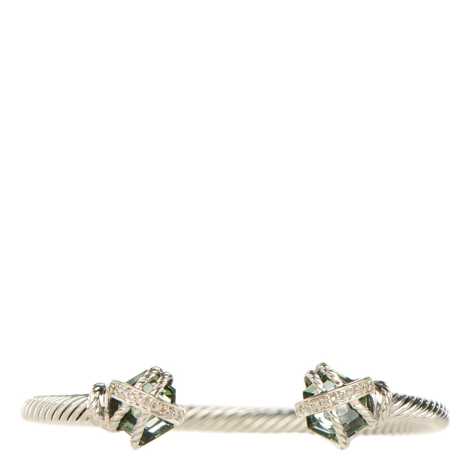 David Yurman Sterling Silver Pave Diamond Prasiolite 4mm Cable Wrap Bracelet 1 of 4