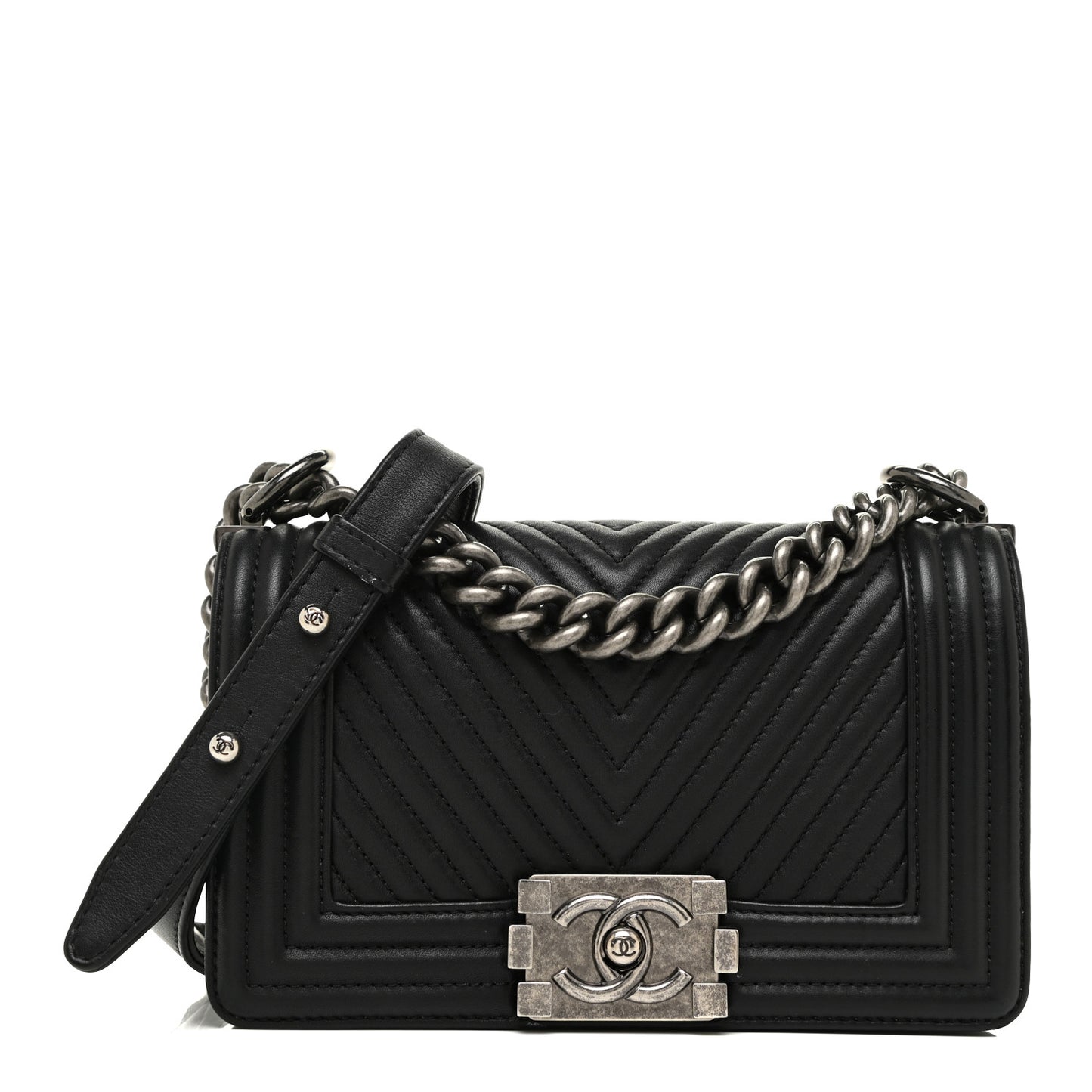 Calfskin Chevron Quilted Small Boy Flap Black