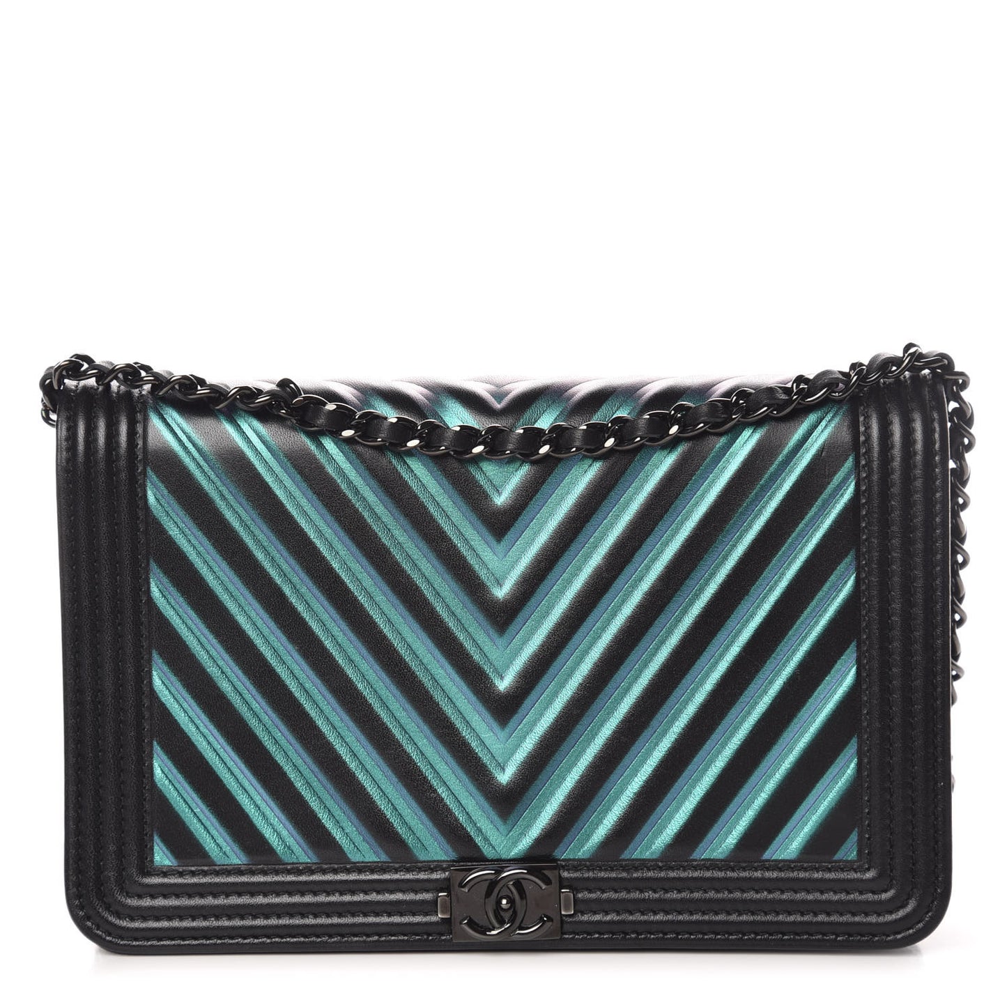 Calfskin Painted Chevron Embossed Boy Wallet On Chain WOC Black