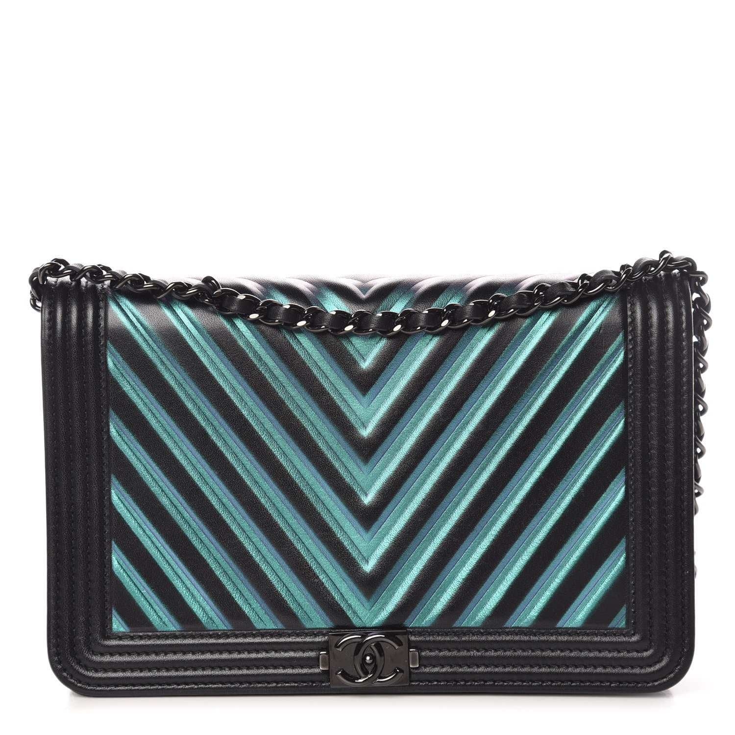Chanel Calfskin Painted Chevron Embossed Boy Wallet On Chain WOC Black 1 of 15