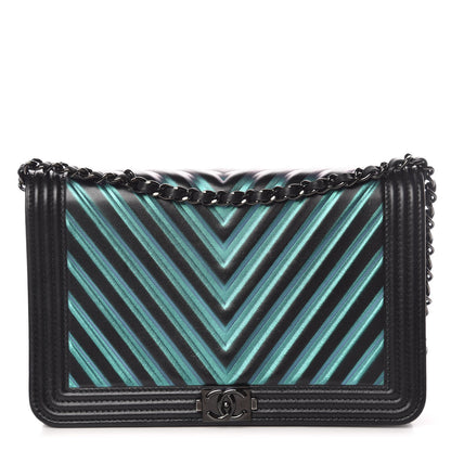 Chanel Calfskin Painted Chevron Embossed Boy Wallet On Chain WOC Black 1 of 15