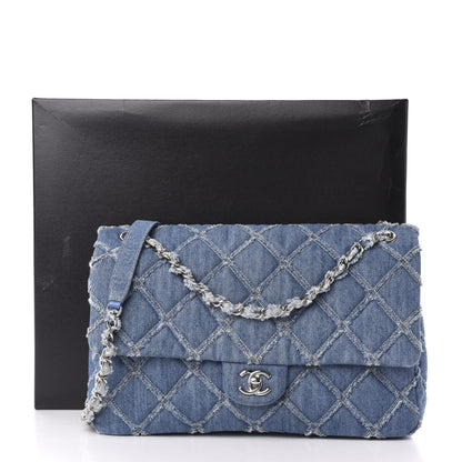 Chanel Frayed Denim Quilted Large Blue Chip Flap Blue 13 of 13