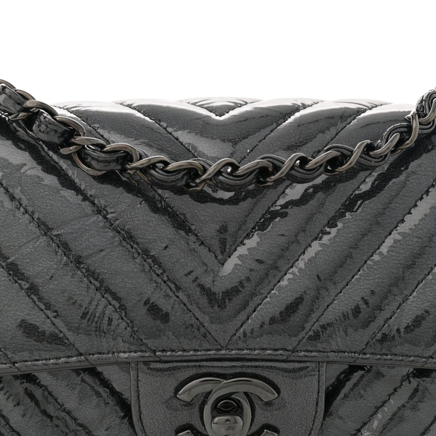 Patent Metallic Crumpled Calfskin Chevron Quilted Mini Rectangular Flap So Black
