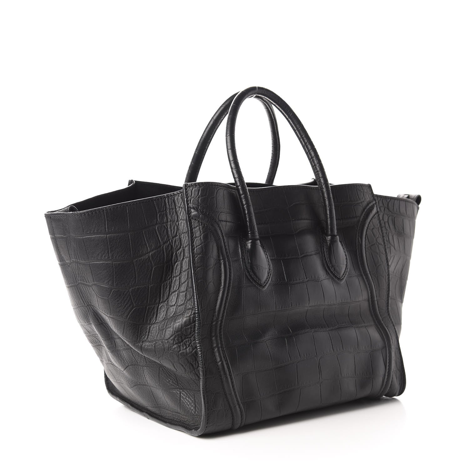 Celine Crocodile Embossed Calfskin Medium Phantom Luggage Black 3 of 12