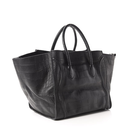 Celine Crocodile Embossed Calfskin Medium Phantom Luggage Black 3 of 12