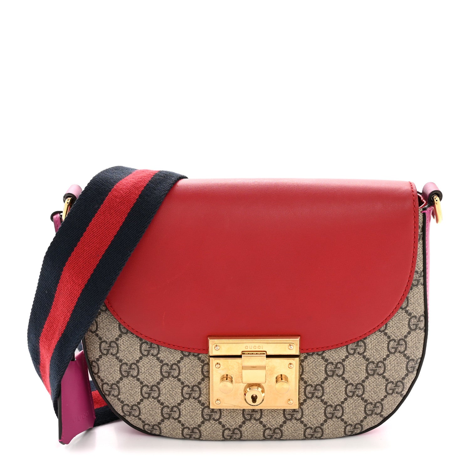 Gucci GG Supreme Monogram Calfskin Web Medium Padlock Messenger Shoulder Bag Beige Hibiscus Red New Rosette 1 of 14