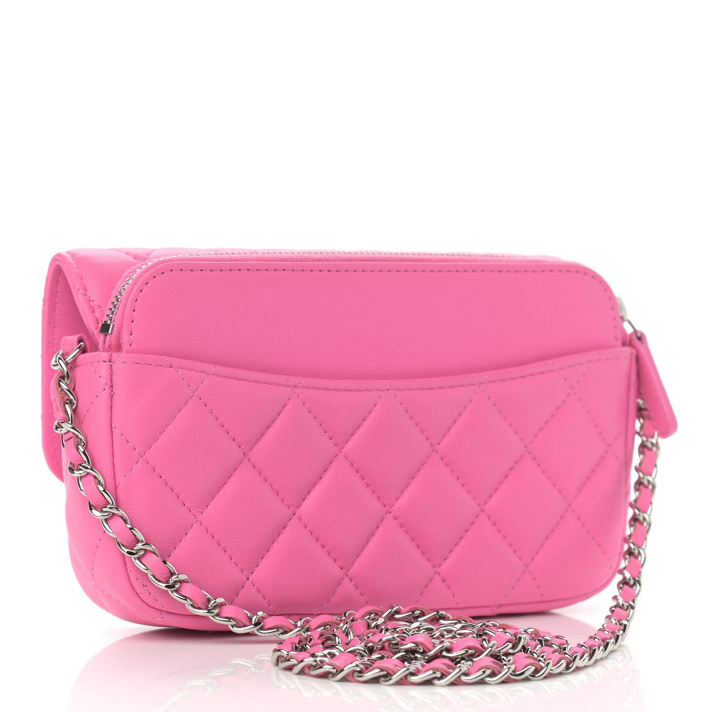 Lambskin Quilted Flap Phone Holder With Chain Neon Pink