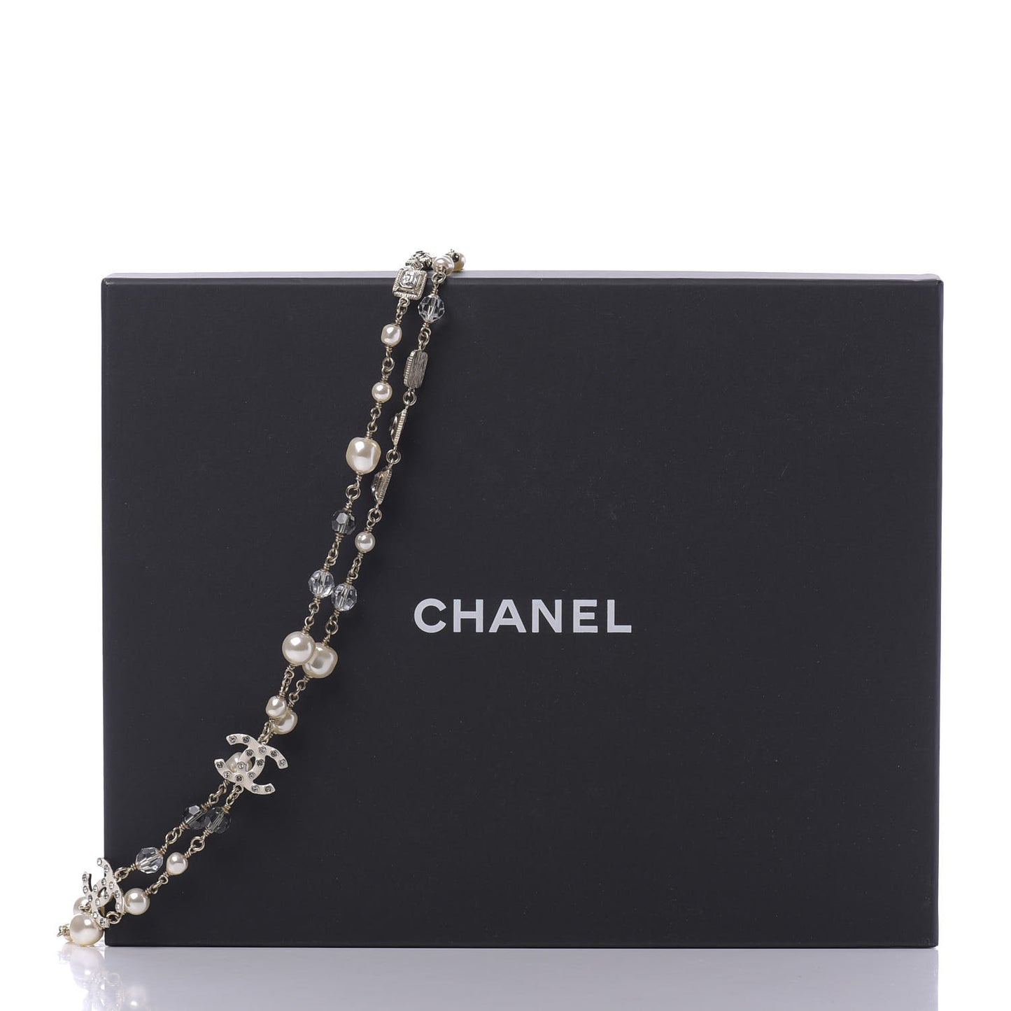 Pearl Beaded Crystal Resin CC Long Necklace Light Gold Multicolor