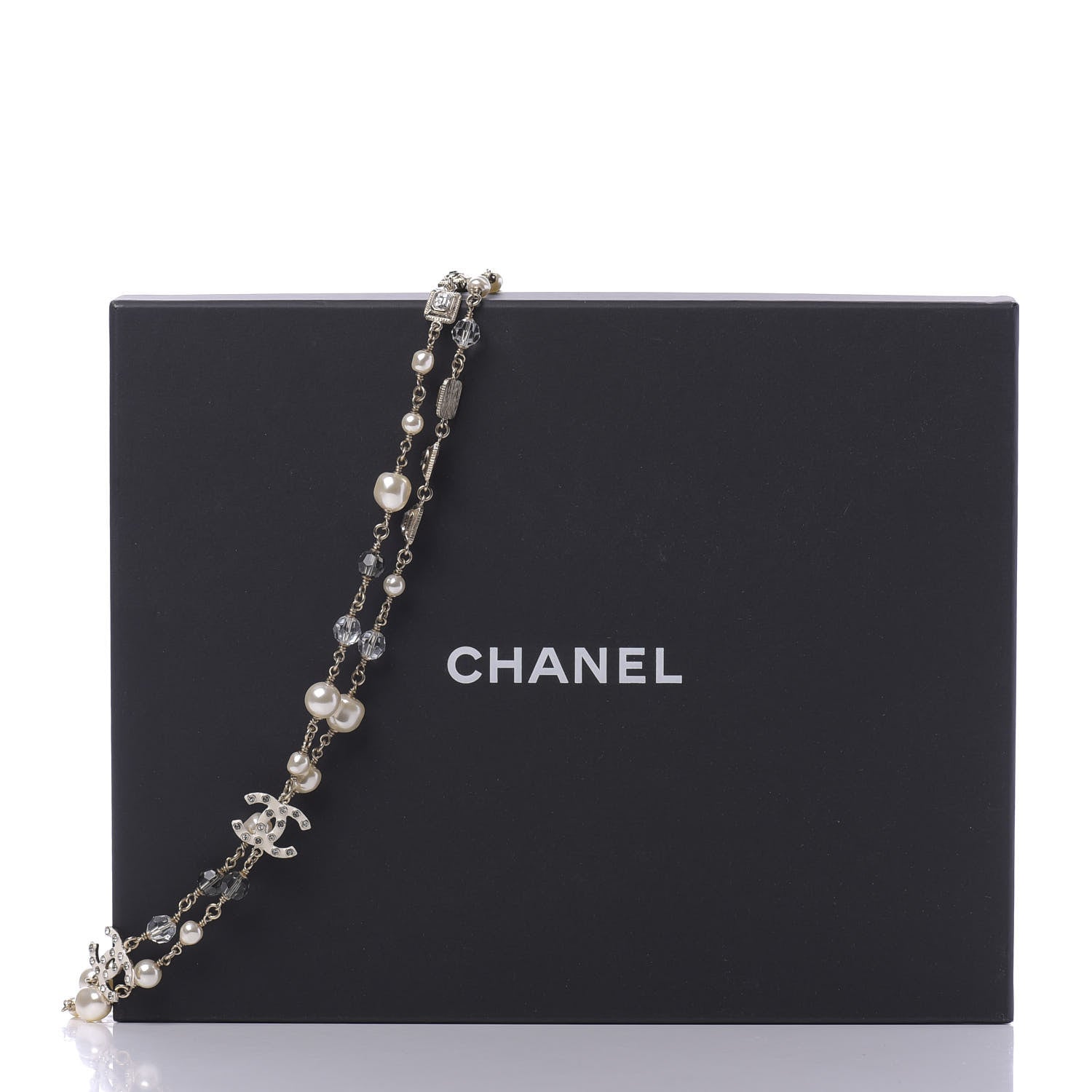 Chanel Pearl Beaded Crystal Resin CC Long Necklace Light Gold Multicolor 10 of 10