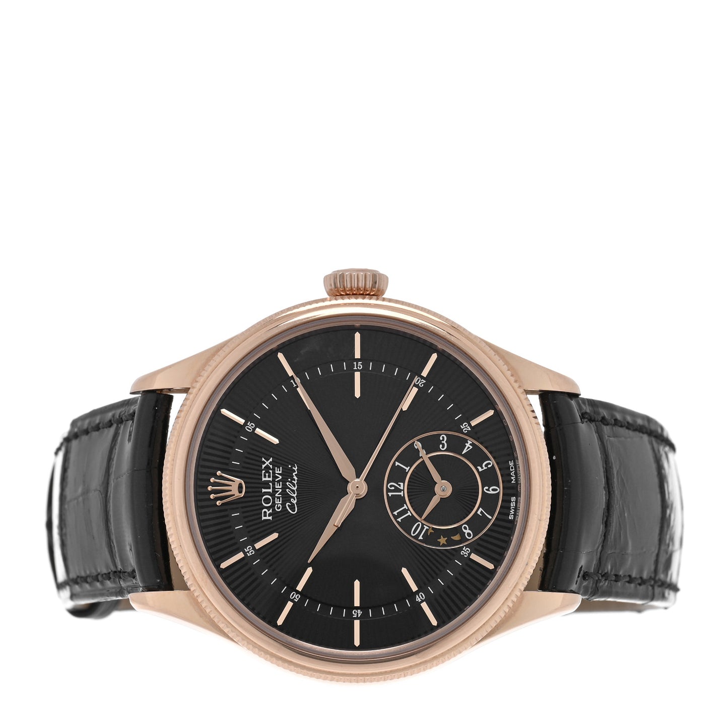 18K Everose Gold Alligator 39mm Cellini Dual Time Watch Black 50525