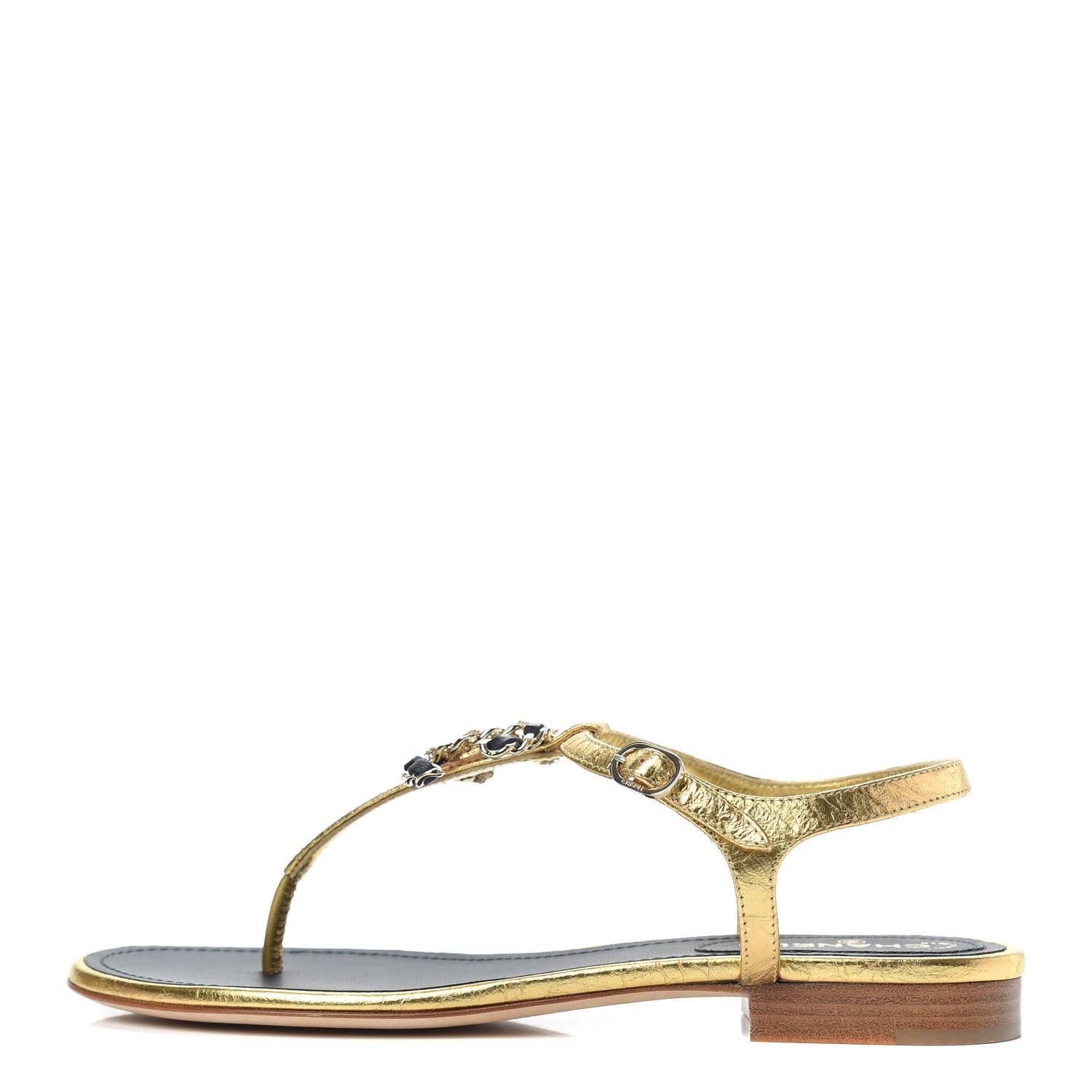 Chanel Aged Metallic Calfskin CC Chain Thong Sandals 37.5 Gold 1 of 9