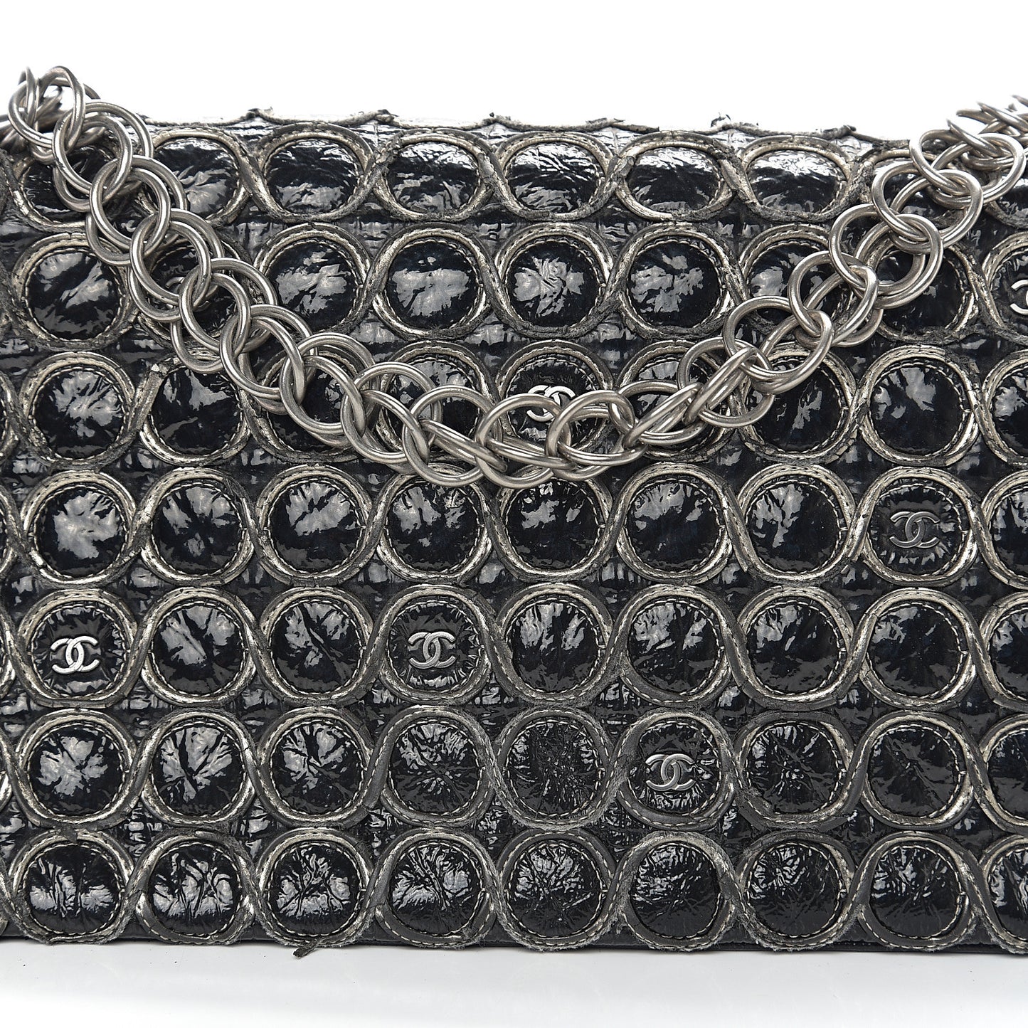 Distressed Patent Quilted Flap Bag Black