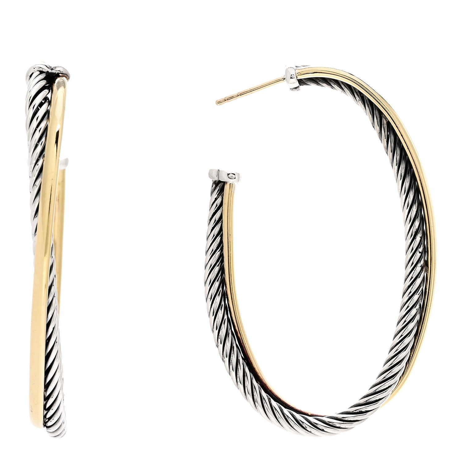 David Yurman Sterling Silver 18K Yellow Gold 48mm Large Oval Crossover Cable Hoop Earrings 1 of 4