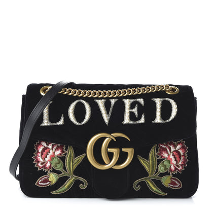 Gucci Velvet Matelasse Loved Embroidered Medium GG Marmont Shoulder Bag Black 1 of 10