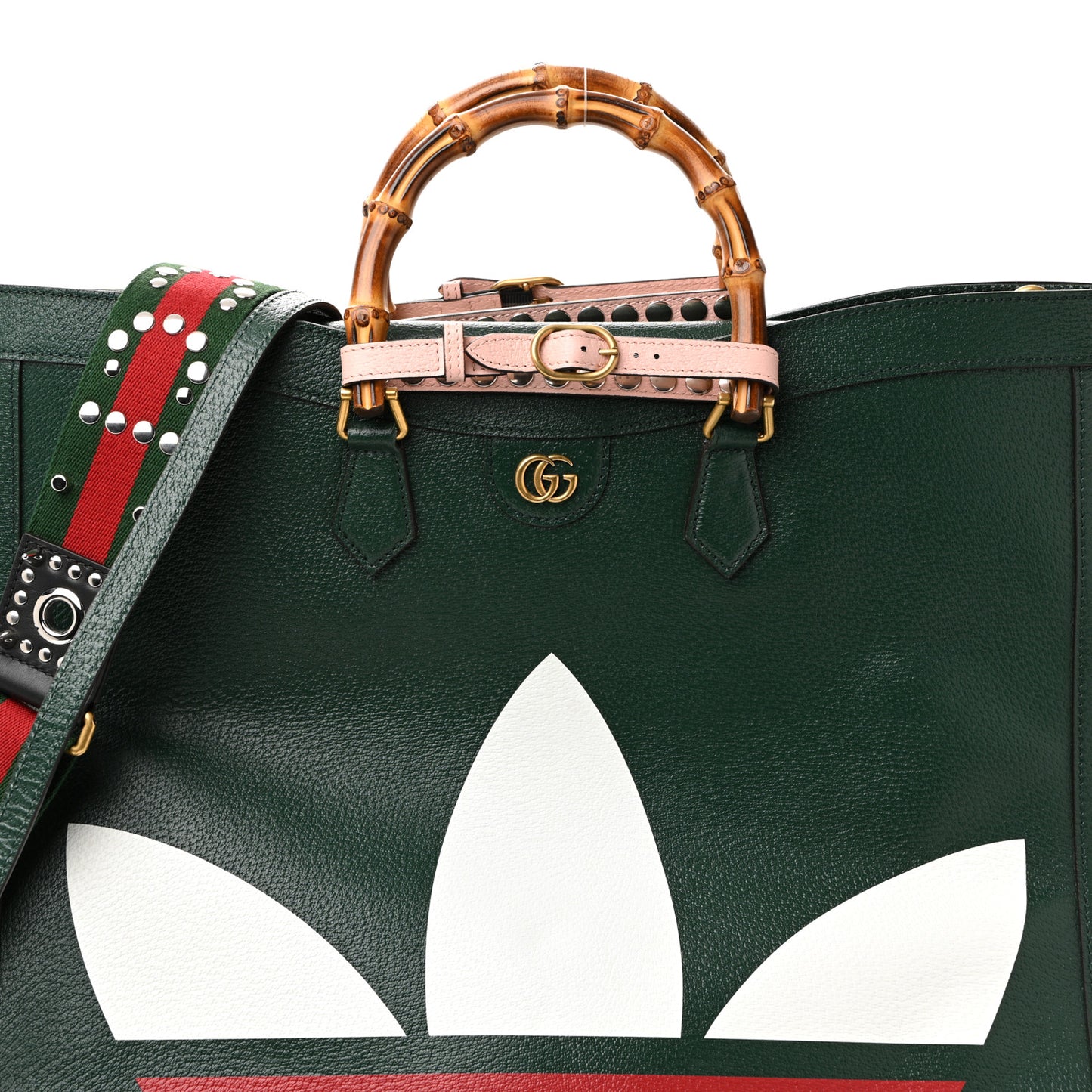 X Adidas Textured Dollar Calfskin Stripe Studded Maxi Diana Tote Bag Vintage Green Multicolor