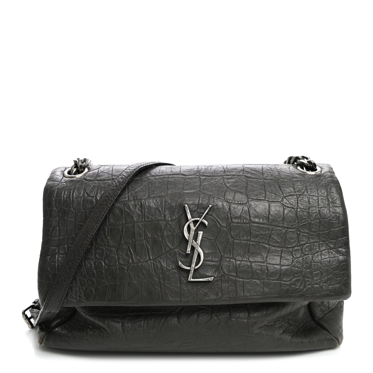 Calfskin Crocodile Embossed Medium West Hollywood Monogram Fold-Over Grey