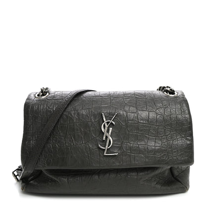 Saint Laurent Calfskin Crocodile Embossed Medium West Hollywood Monogram Fold-Over Grey 1 of 12