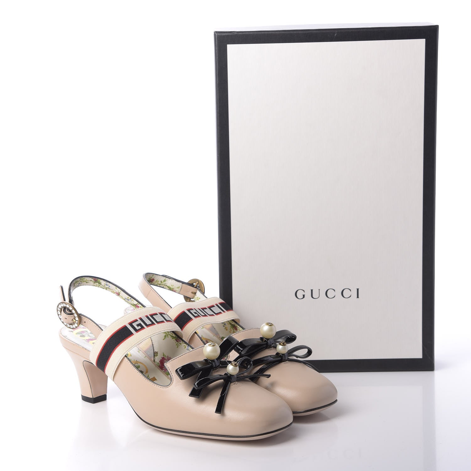 Gucci Malaga Kid Bow Ace Stripe Mid Heel Slingback Pumps 37 Beige 10 of 10