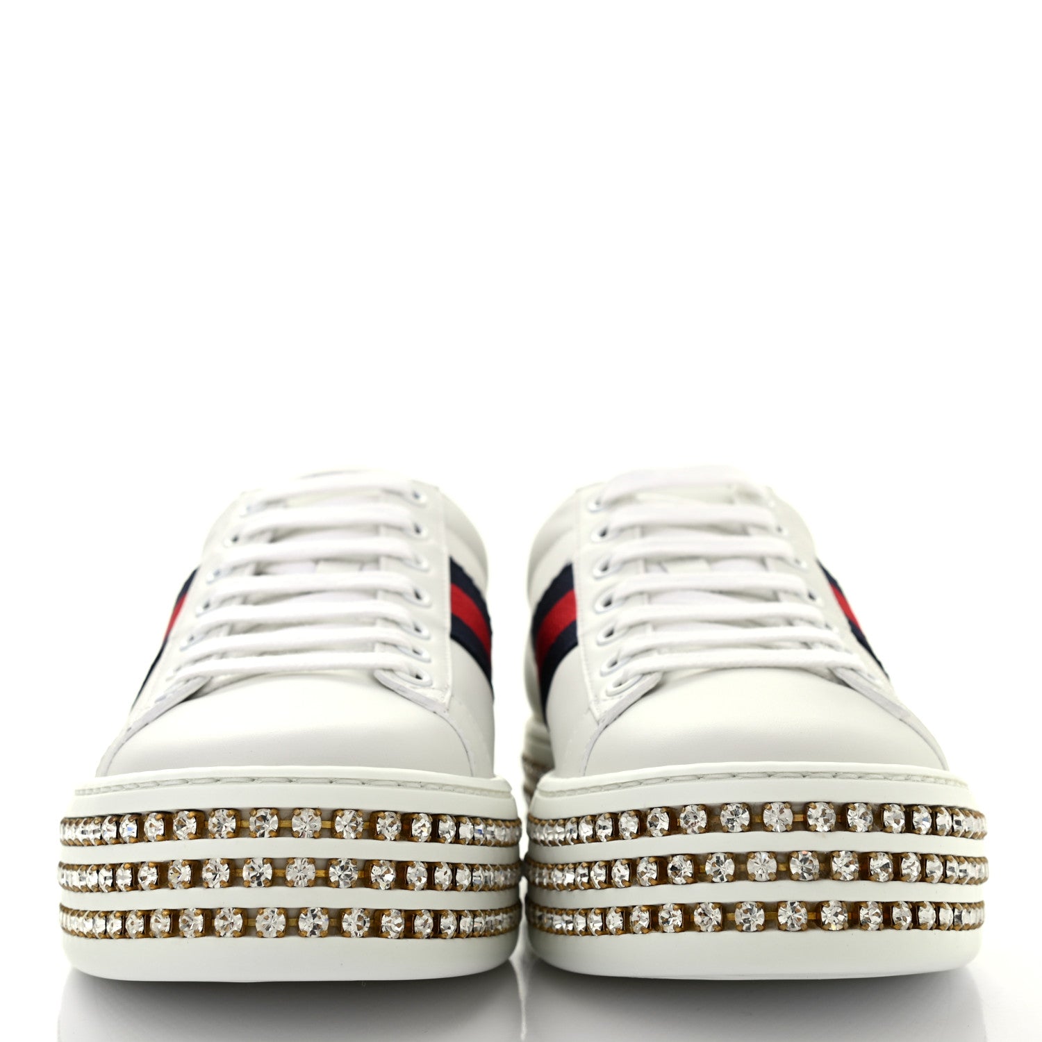 Gucci Calfskin Crystal Web Bee Embroidered Womens Ace Platform Sneakers 37 White 2 of 8