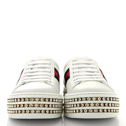 Gucci Calfskin Crystal Web Bee Embroidered Womens Ace Platform Sneakers 37 White 2 of 8