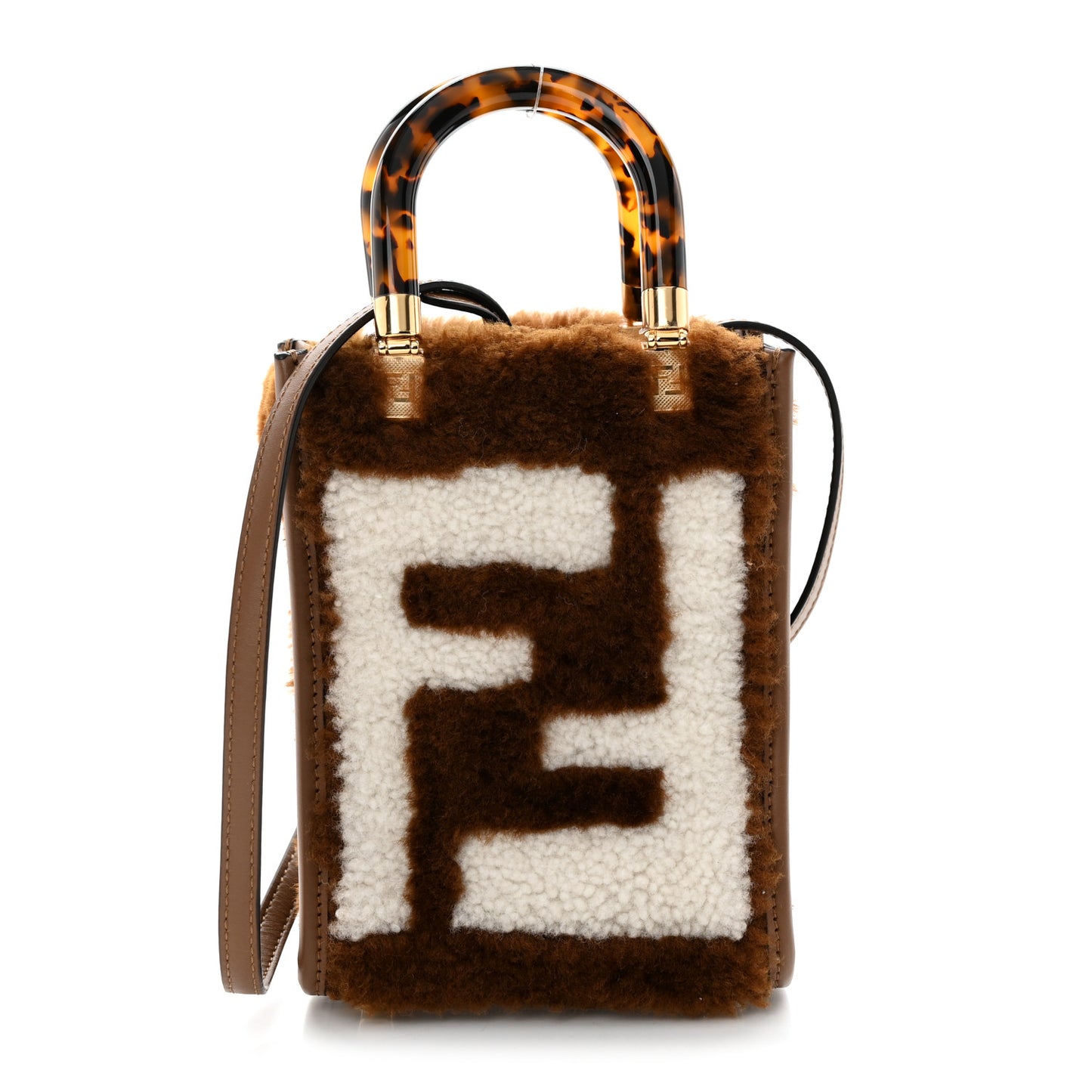 Shearling Plexiglass FF Mini Fendi Sunshine Shopper Tote Forresta White