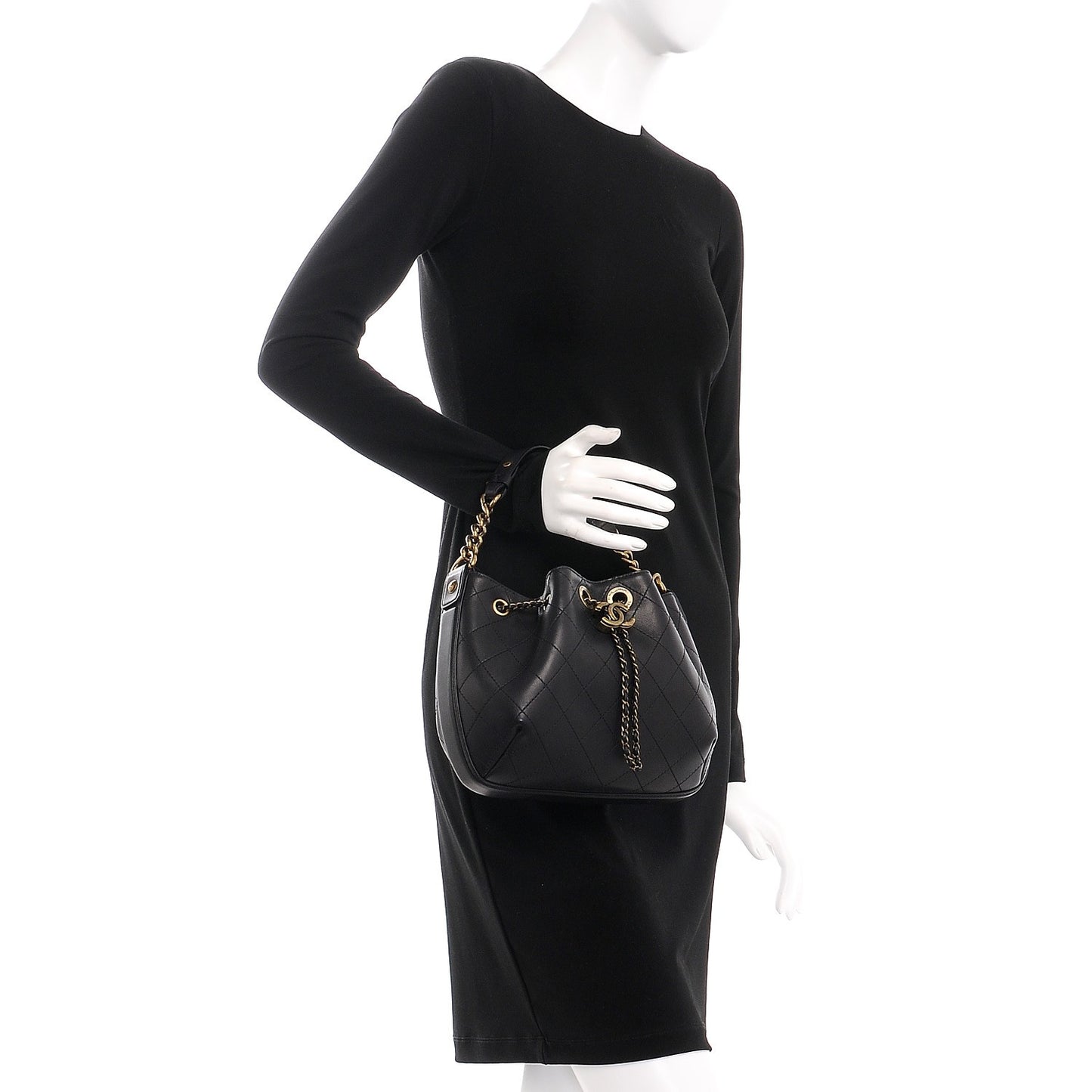 Calfskin Stitched Small Paris Rome Drawstring CC Bag Black