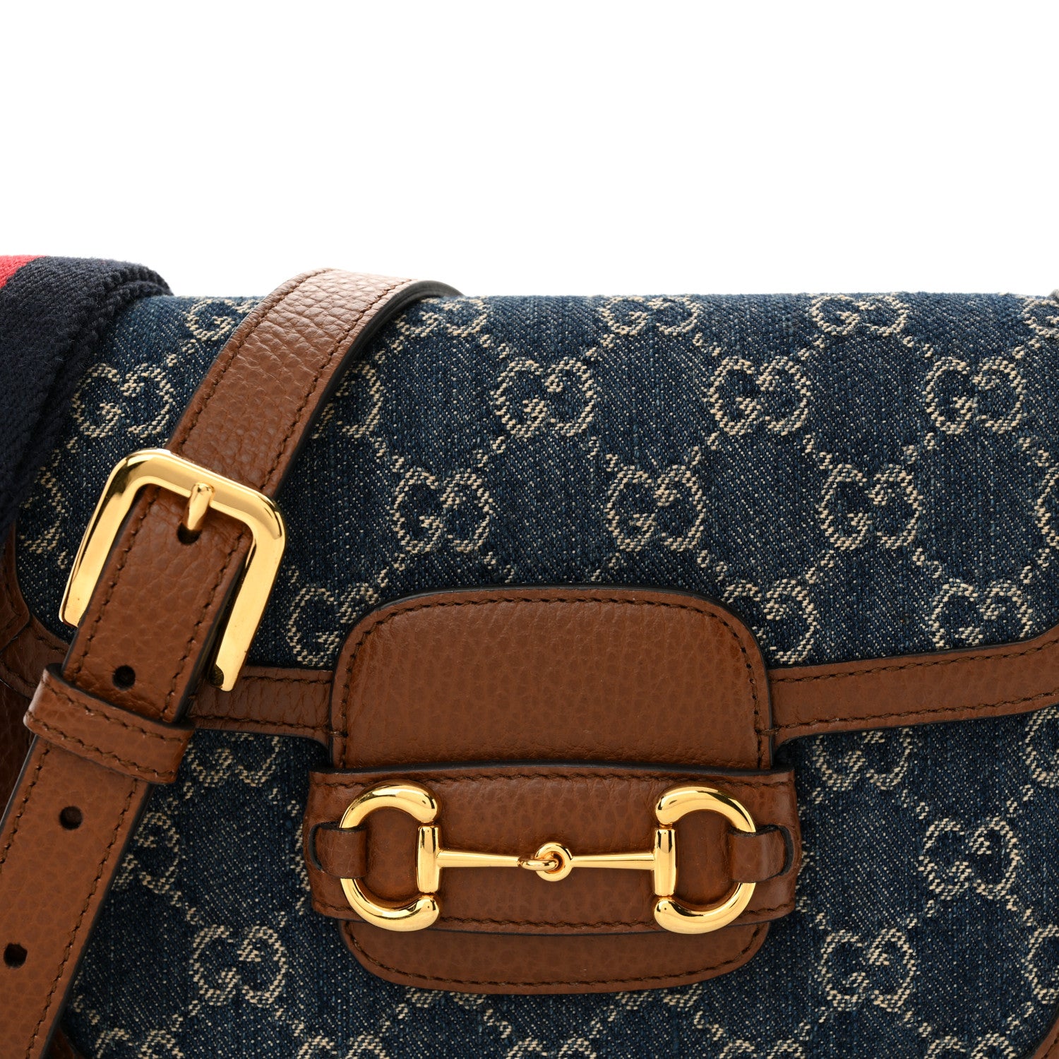 Gucci New Denim GG Monogram Dollar Calfskin Web Mini Horsebit 1955 Shoulder Bag Blue Tea Cuir Epilog Blue Tea Cuir Epilog 8 of 10
