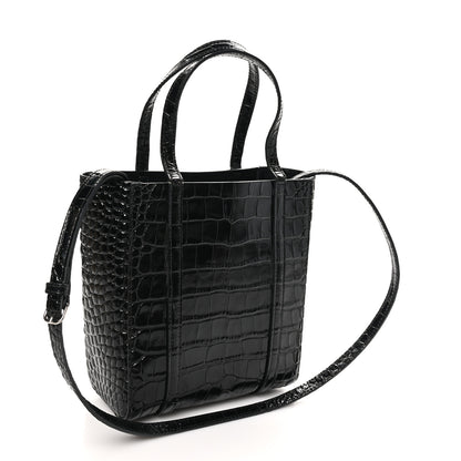 Balenciaga Shiny Calfskin Logo Crocodile Embossed XXS Everyday Tote Black 3 of 9