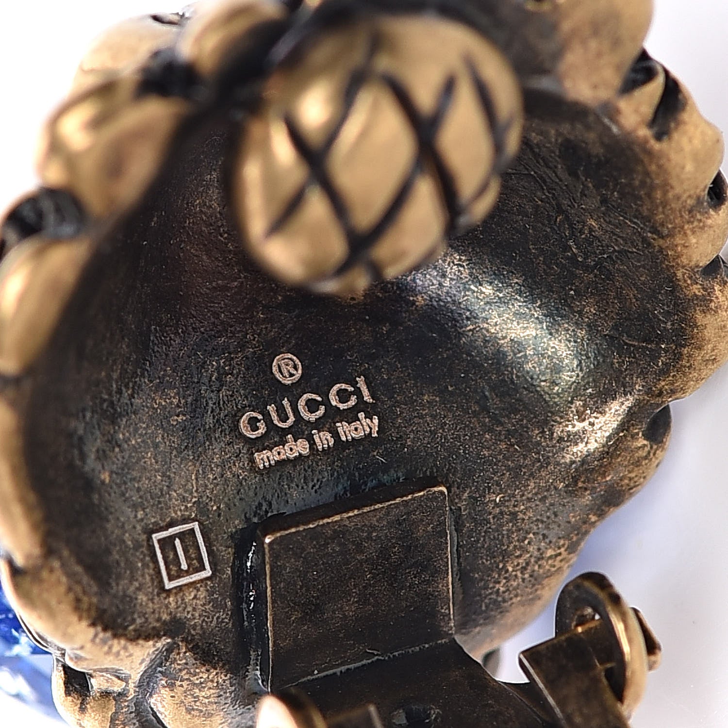 Gucci Metal Crystal Lion Clip On Earrings Aged Gold Blue 4 of 4