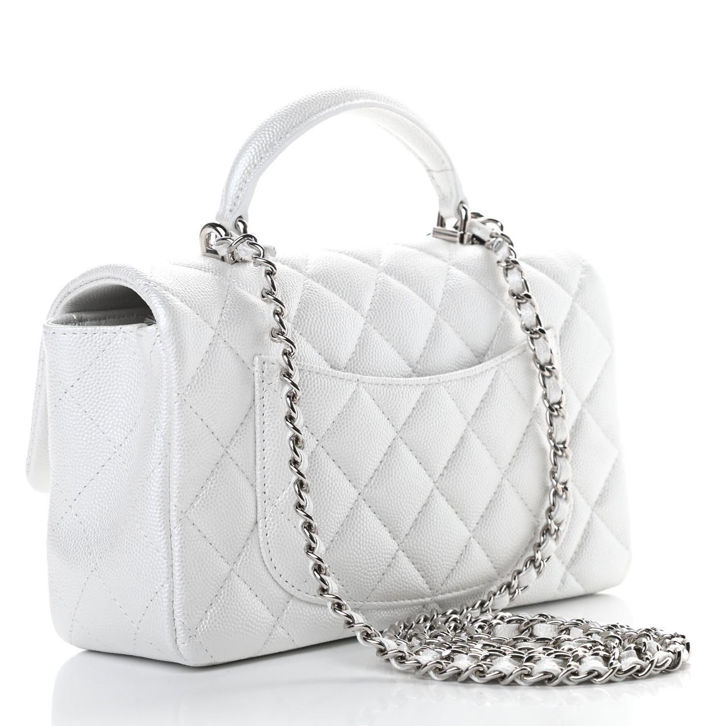 Iridescent Caviar Quilted Mini Top Handle Rectangular Flap White