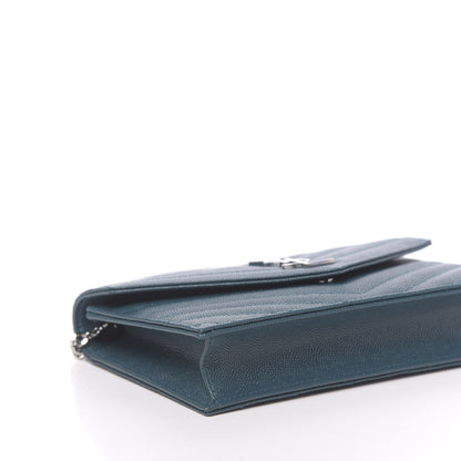 Saint Laurent Grain De Poudre Matelasse Chevron Monogram Envelope Chain Wallet Peacock Green 10 of 12