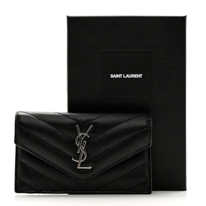 Saint Laurent Grain De Poudre Matelasse Chevron Monogram Compact Wallet Black 8 of 8