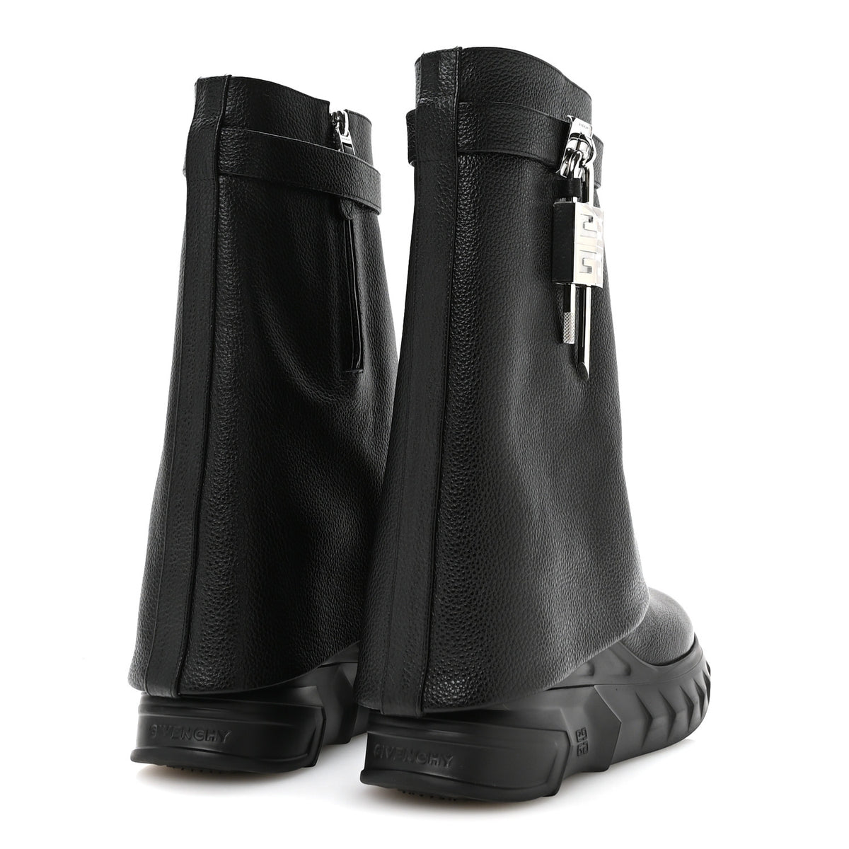 Grained Calfskin Shark Lock Biker Ankle Boots 36 Black