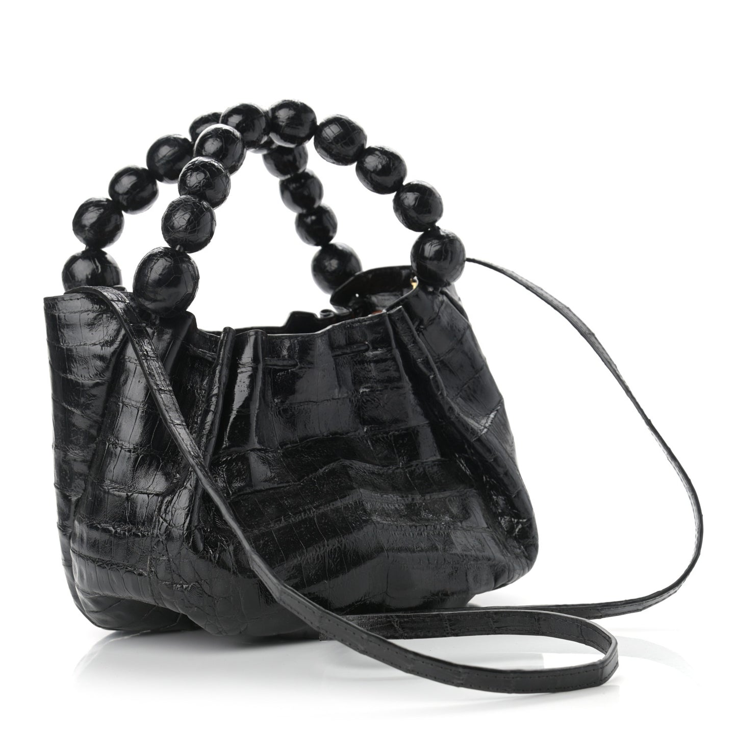 Crocodile Bead Handle Shoulder Bag Black