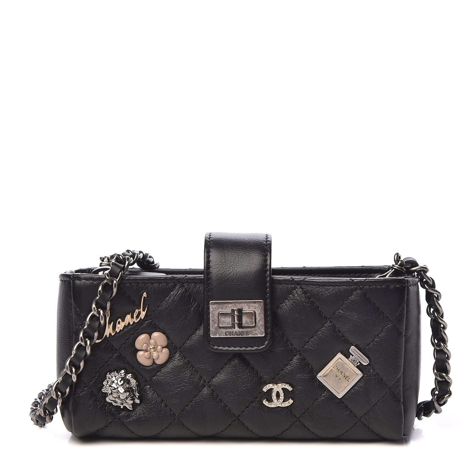 Chanel Aged Calfskin Quilted Lucky Charms Mini Phone Holder Clutch Black 1 of 11