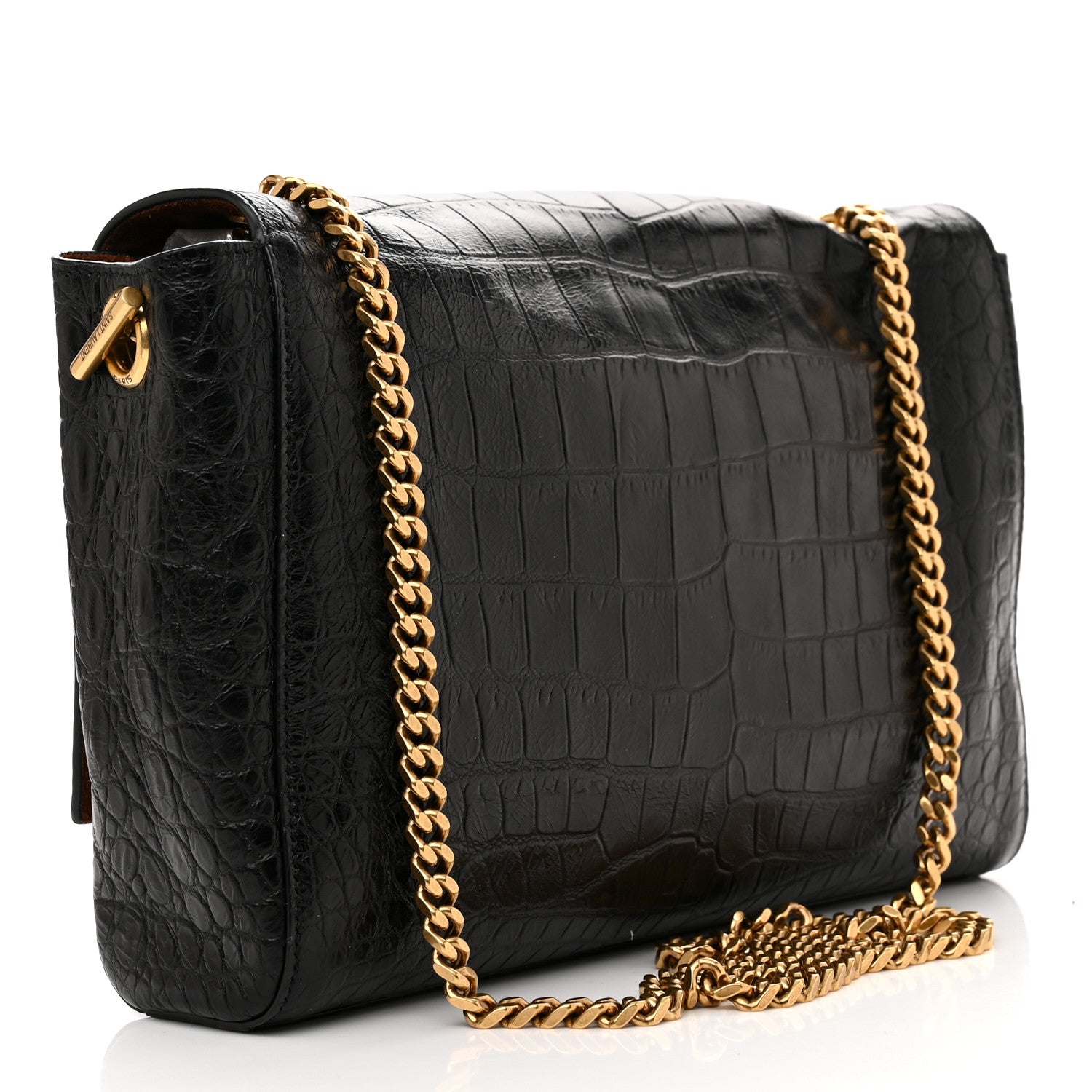 Saint Laurent Calfskin Crocodile Embossed Suede Medium Reversible Monogram Kate Satchel Military Taupe 3 of 10
