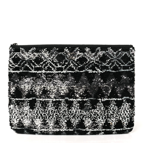 Sequin Wool Quilted Cosmetic Pouch Black Silver