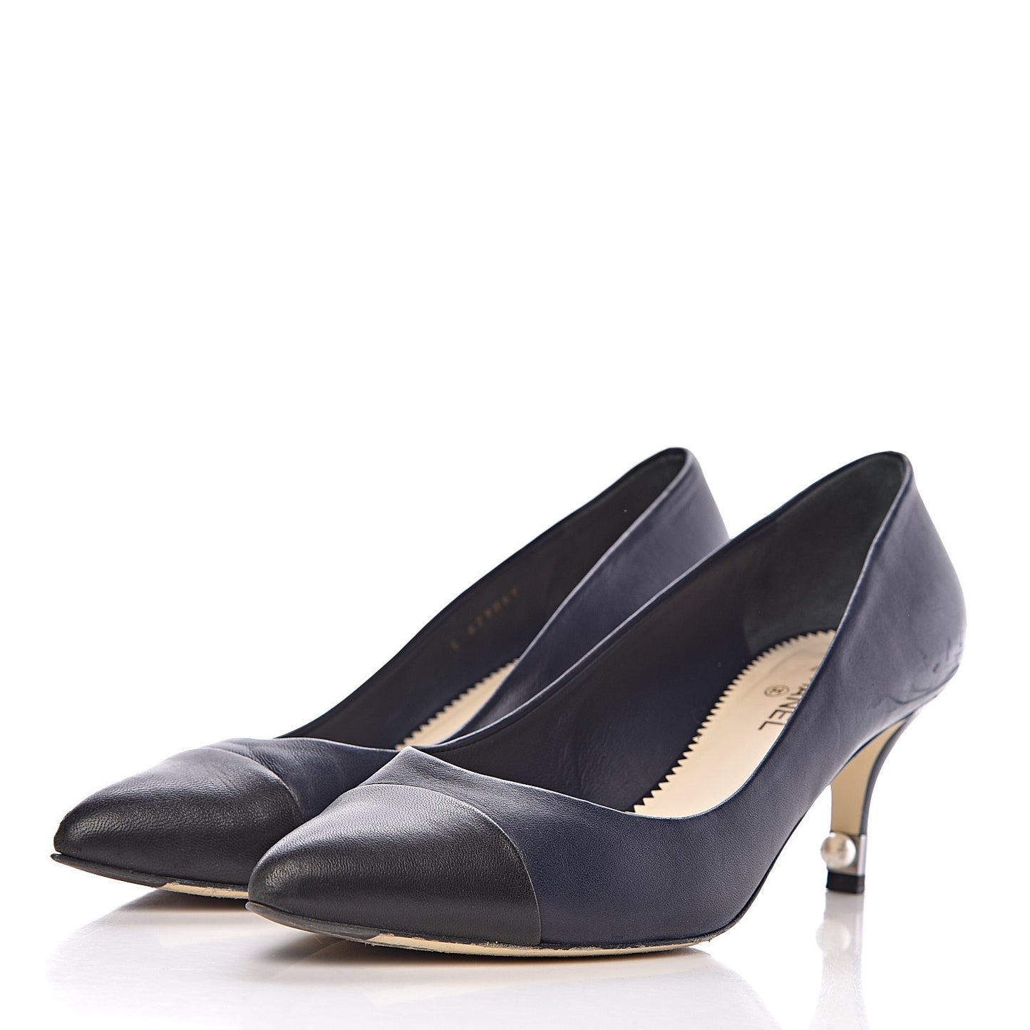 Lambskin Cap Toe Pearl Pumps 39 Navy Blue Black