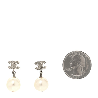 Chanel Crystal Pearl CC Drop Earrings Silver Pearly White 2 of 4