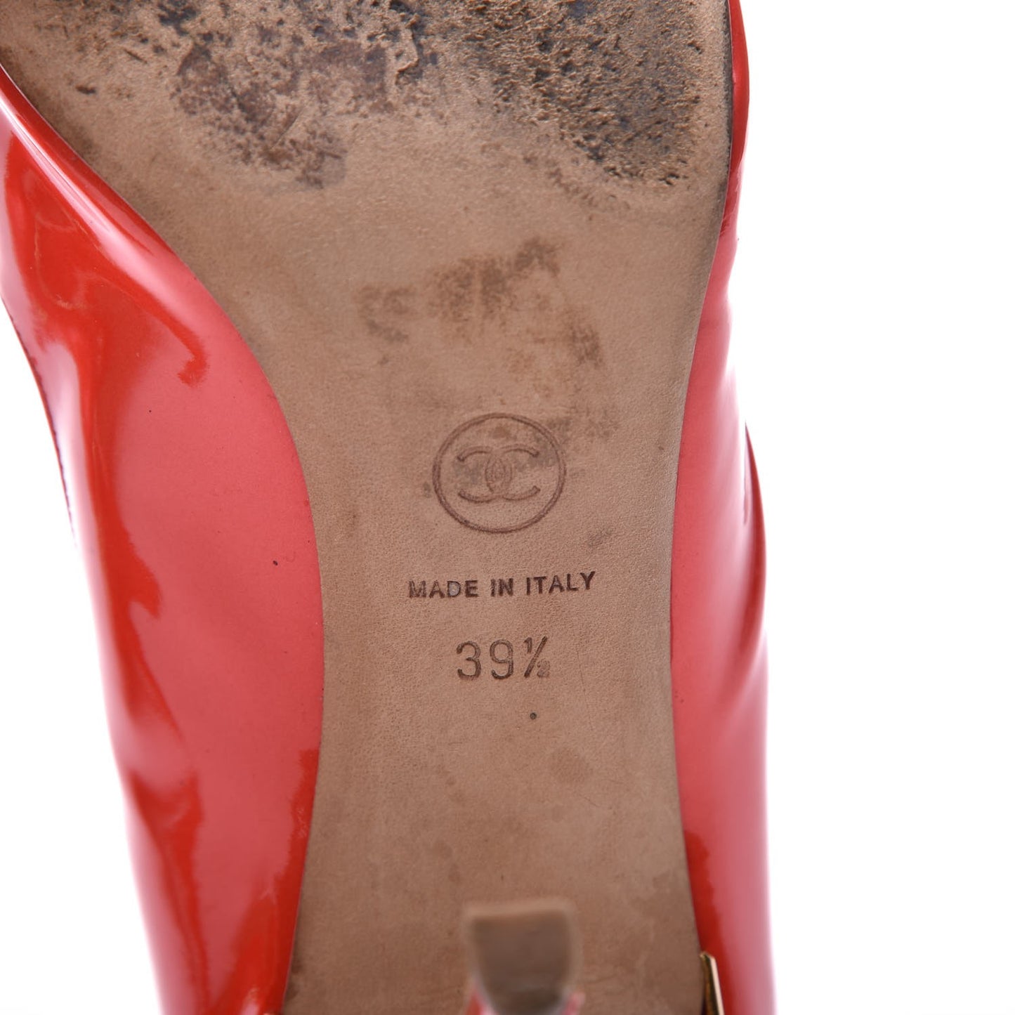 Patent Calfskin CC Peep Toe Pumps 39.5 Rouge Clair